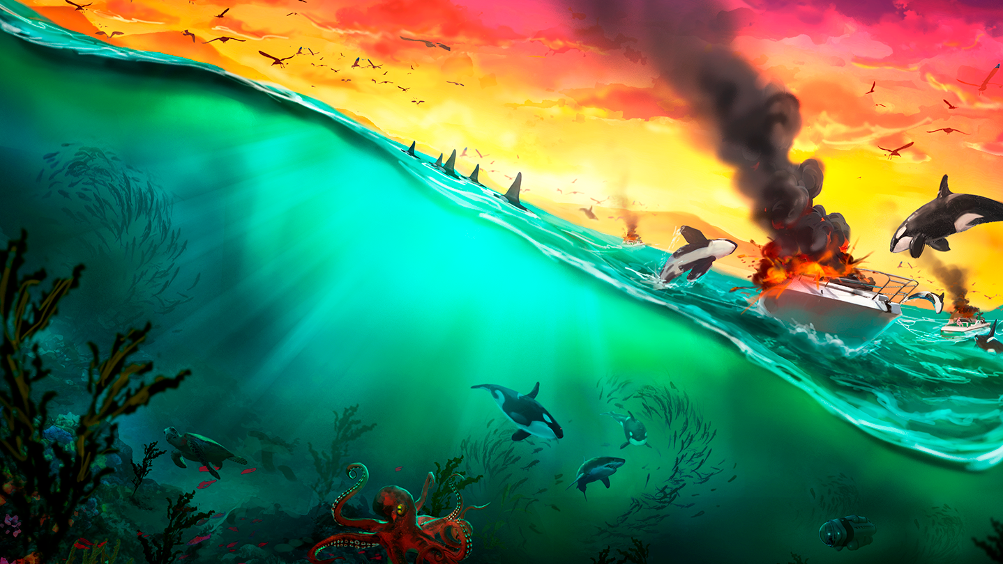 Orcas surfacing beside burning boats above a vivid underwater scene